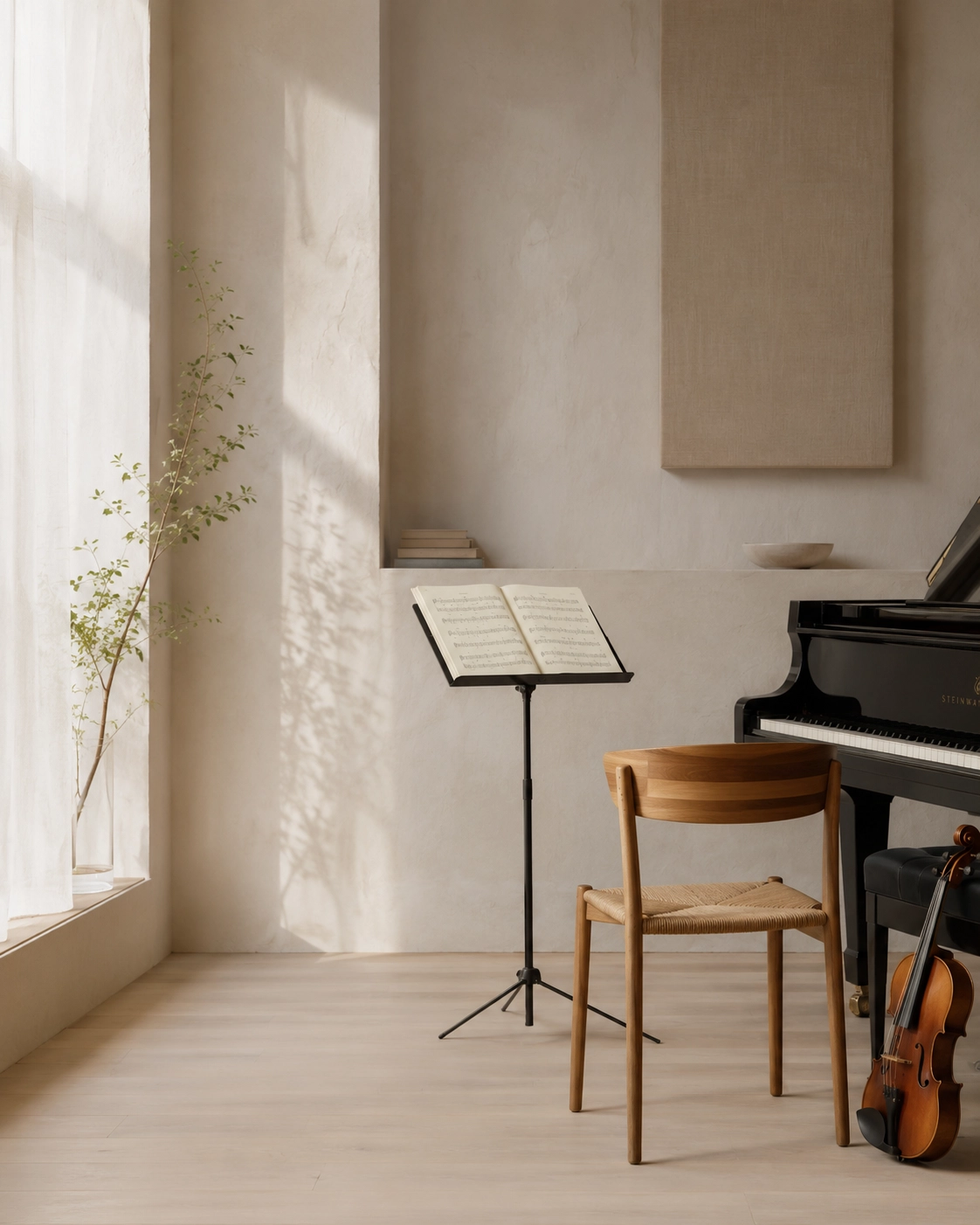Espacio musical con piano, atril y violín